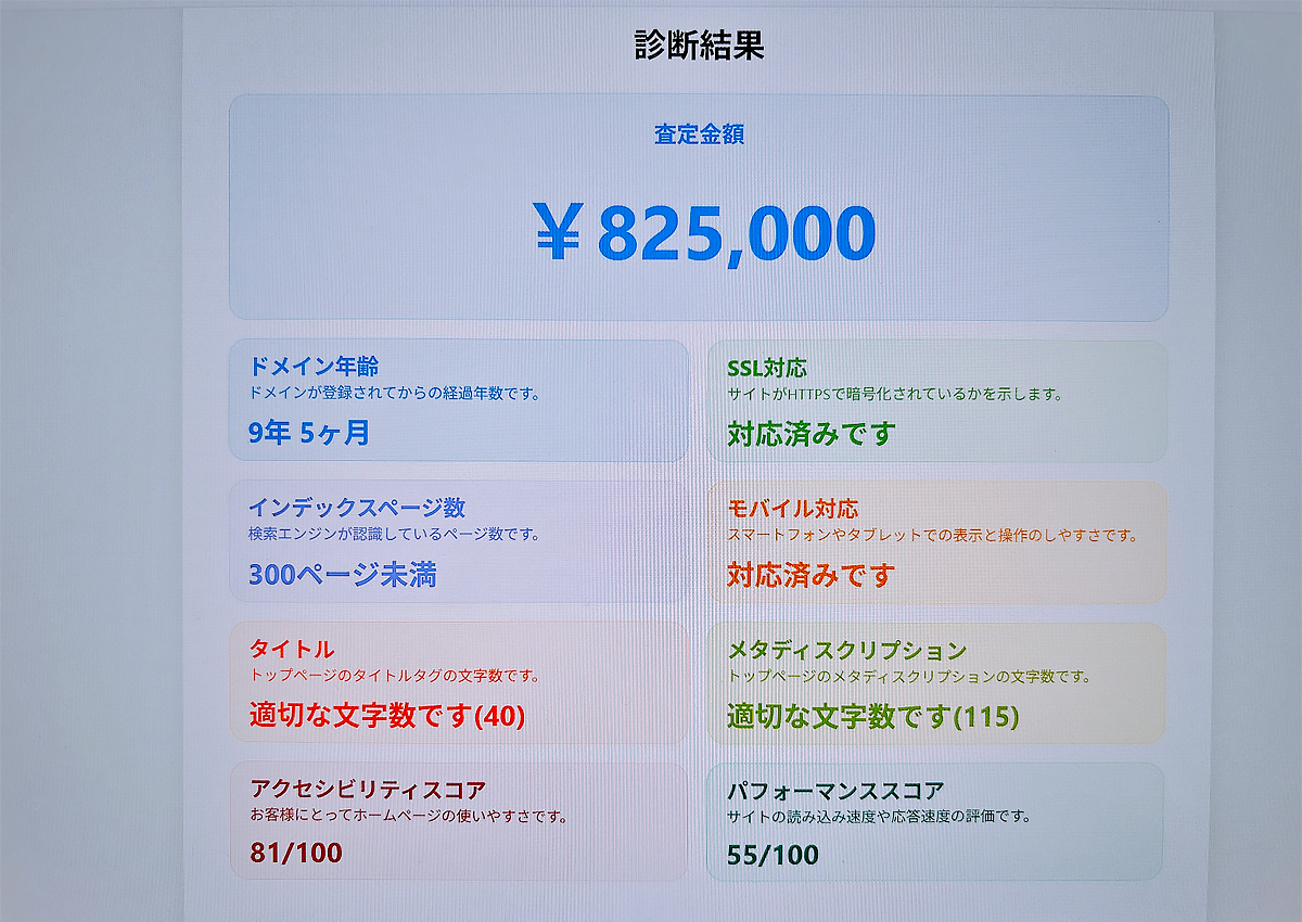 サイト資産価値診断結果の画面