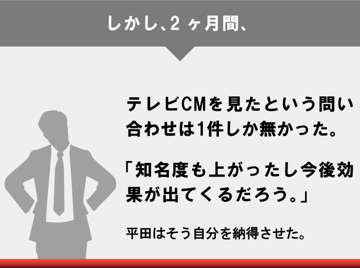 しかし、2ヶ月間、テレビCMを見たという問い合わせは1件しか無かった。